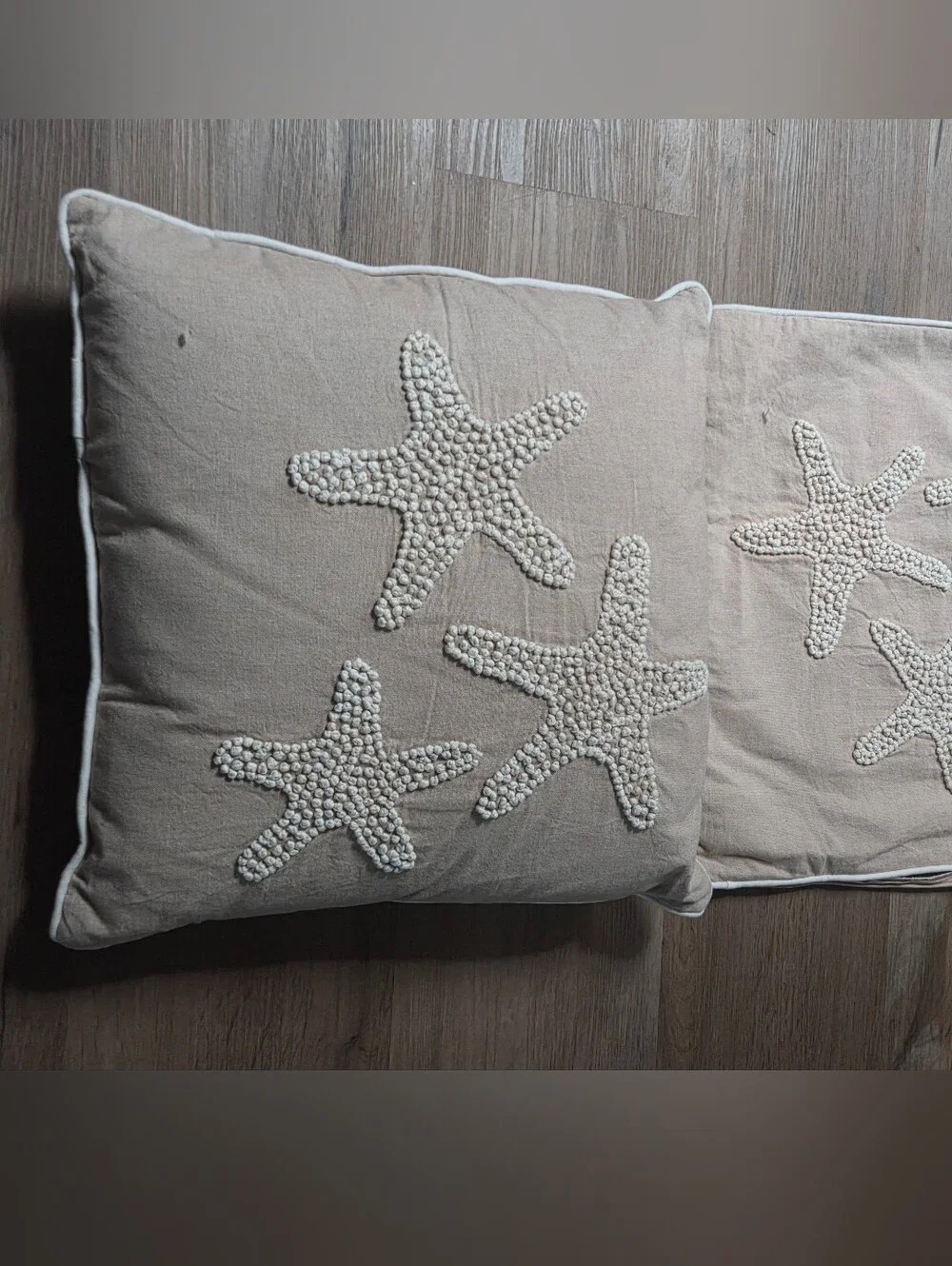 Beige Starfish Embroidered Throw Pillow Cover - Beach Cottage Coastal Grandma 1J
